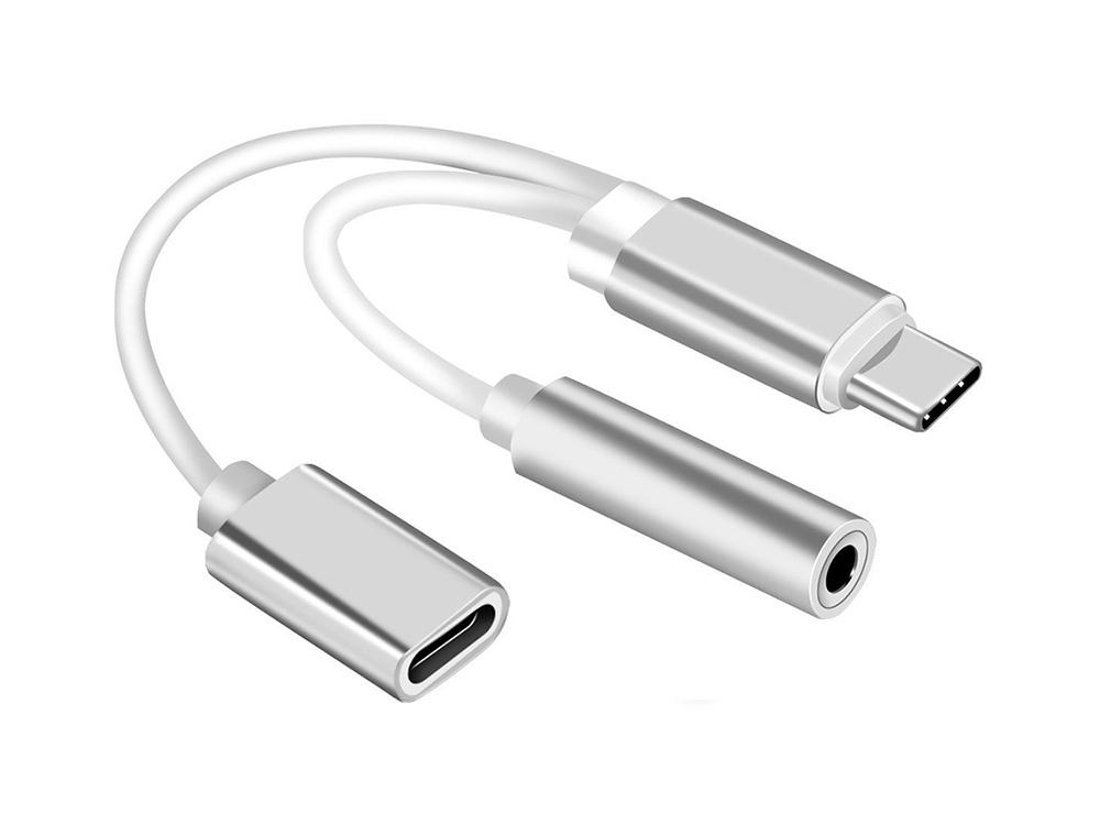 Адаптер HF/audio Type C - Jack 3,5mm + charging, Бял