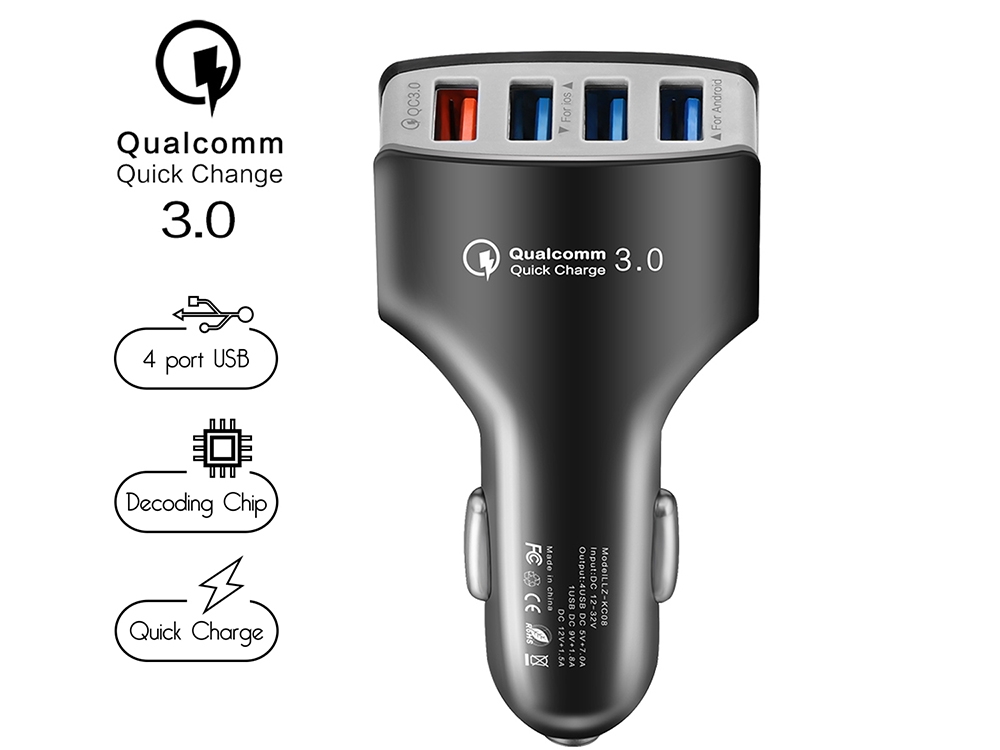 Зарядно за автомобил ATX 4xUSB QC3.0 7A, Черен