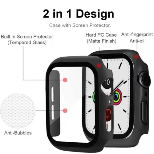 Пластмасов протектор 2 в 1 със закалено стъкло за Apple Watch Series 7 45mm, Черен