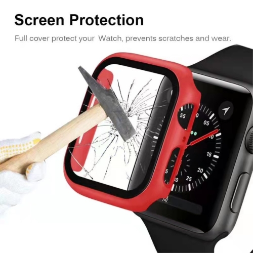 Пластмасов протектор 2 в 1 със закалено стъкло за Apple Watch Series 7 45mm, Червен
