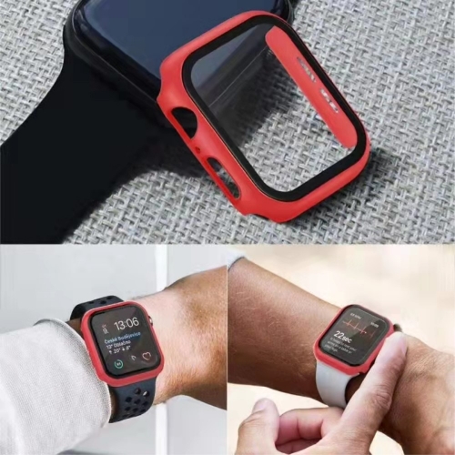 Пластмасов протектор 2 в 1 със закалено стъкло за Apple Watch Series 7 45mm, Червен