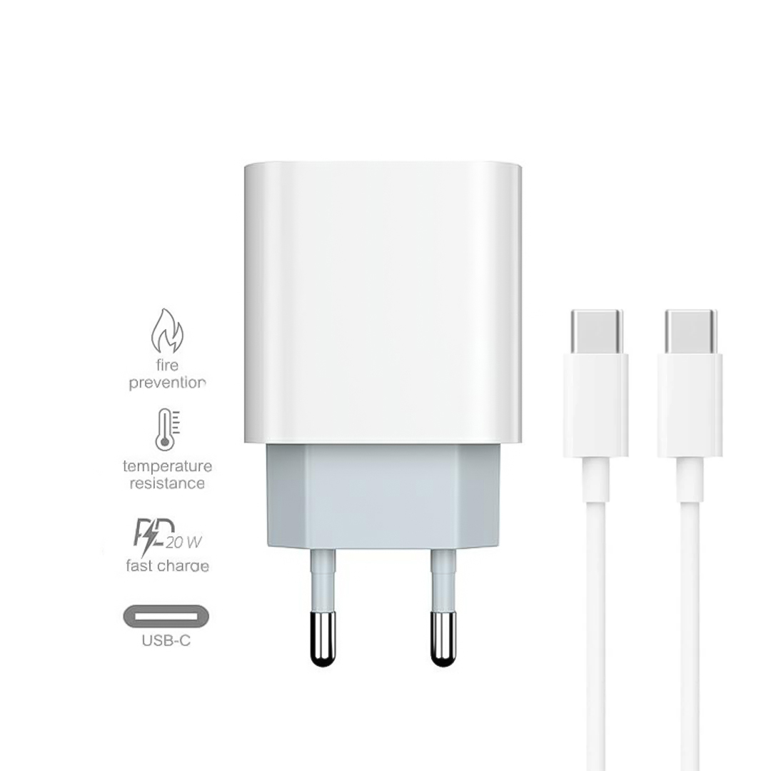 Зарядно Prestico F8S, 220V, USB-C, с кабел USB-C към USB-C, 20W, PD, Бял