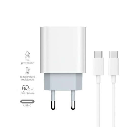 Зарядно Prestico F8S, 220V, USB-C, с кабел USB-C към USB-C, 20W, PD, Бял