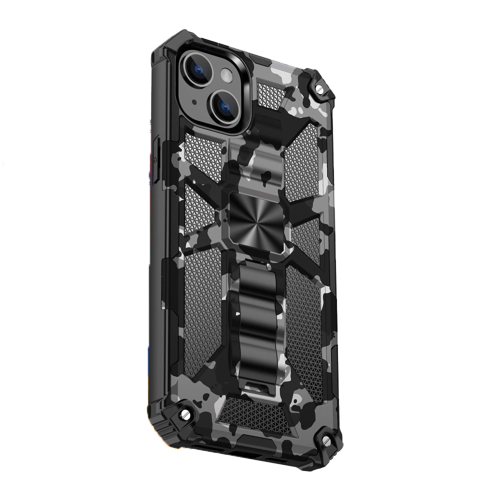 Удароустойчив гръб с поставка Military за Iphone 14 Plus, камуфлаж черен