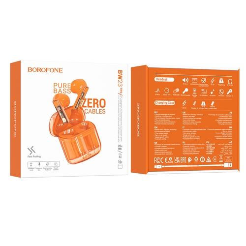 Слушалки Borofone TWS BW23 Crystal Bean Transparent Edition, оранжев