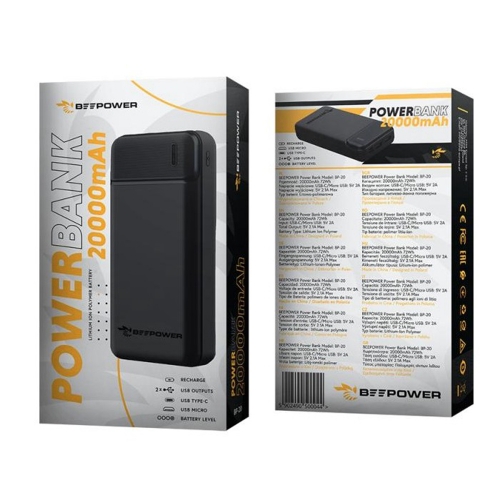 Външна Батерия BeePower BP-20, 20000mAh, 2.1A, 2 x USB, черен
