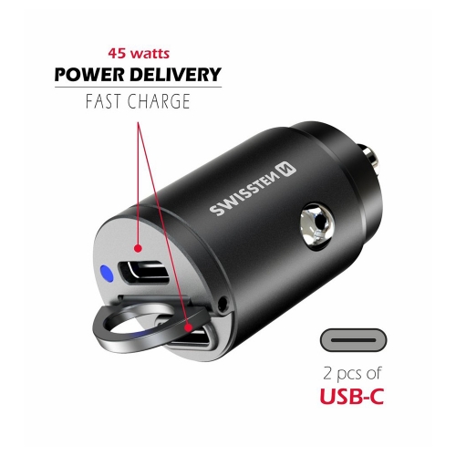 Зарядно за кола  SWISSTEN, PD, 45W, 2xUSB-C,12V-24V, Nano, Черен