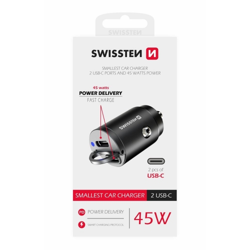 Зарядно за кола  SWISSTEN, PD, 45W, 2xUSB-C,12V-24V, Nano, Черен
