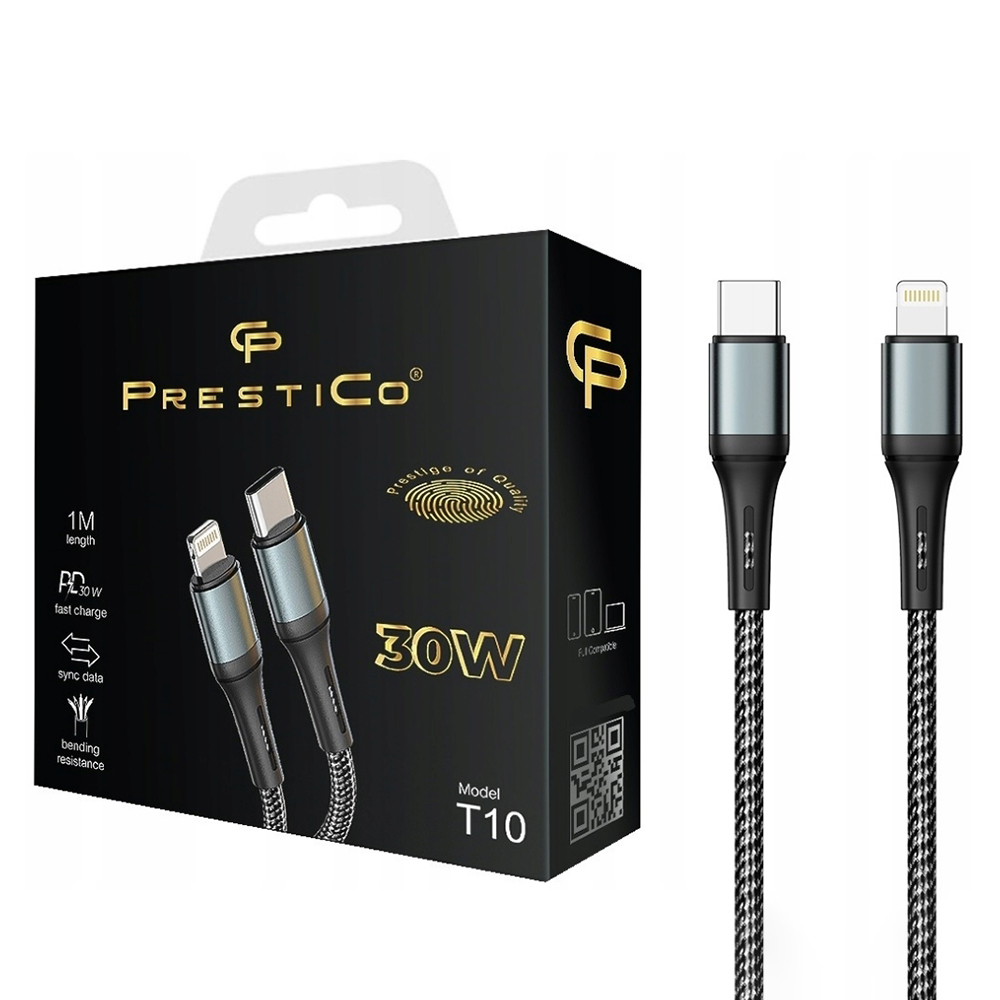 Кабел PRESTICO T10, Type C към Lightning, 30W, PD, 1m, Черен