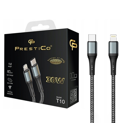 Кабел PRESTICO T10, Type C към Lightning, 30W, PD, 1m, Черен