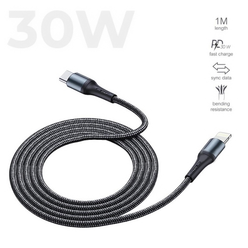 Кабел PRESTICO T10, Type C към Lightning, 30W, PD, 1m, Черен