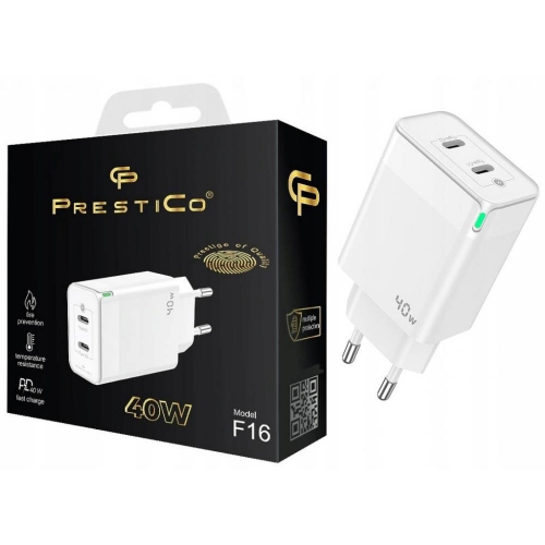 Зарядно 220V Prestico F16, 2xUSB-C, PD, 40W, Бял