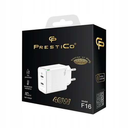 Зарядно 220V Prestico F16, 2xUSB-C, PD, 40W, Бял