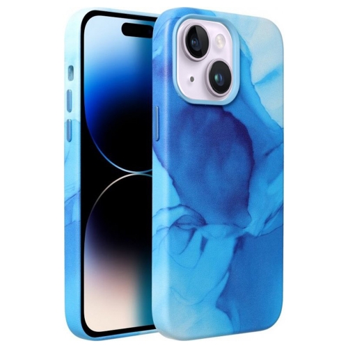 Удароустойчив калъф за iPhone 14, Mag Cover, Еко кожа, Син мрамор