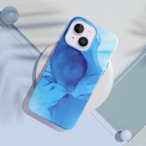 Удароустойчив калъф за iPhone 14, Mag Cover, Еко кожа, Син мрамор