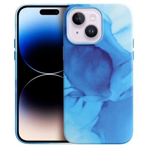Удароустойчив калъф за iPhone 14, Mag Cover, Еко кожа, Син мрамор