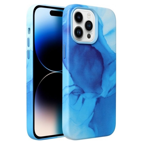 Удароустойчив калъф за iPhone 14 Pro, Mag Cover, Еко кожа, Син мрамор