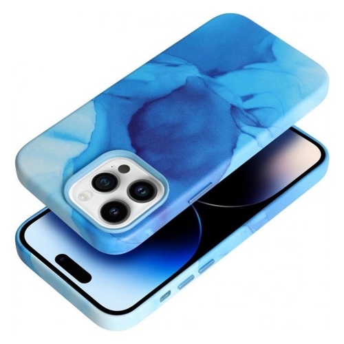 Удароустойчив калъф за iPhone 14 Pro, Mag Cover, Еко кожа, Син мрамор