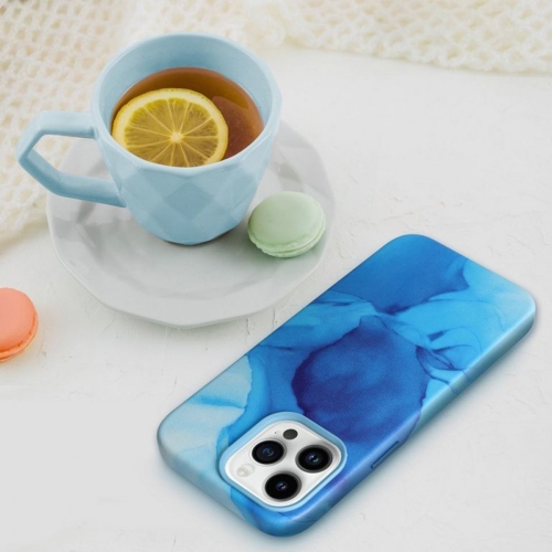 Удароустойчив калъф за iPhone 14 Pro, Mag Cover, Еко кожа, Син мрамор