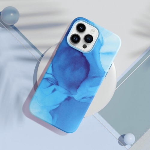 Удароустойчив калъф за iPhone 14 Pro, Mag Cover, Еко кожа, Син мрамор