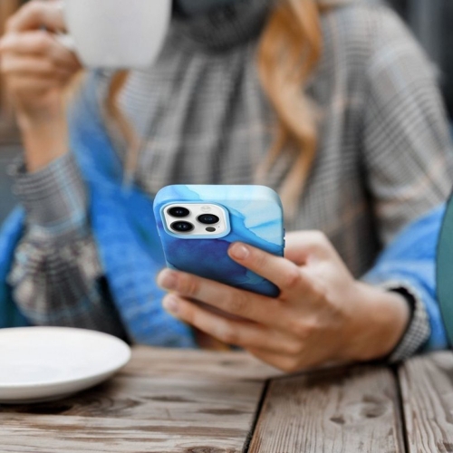 Удароустойчив калъф за iPhone 14 Pro, Mag Cover, Еко кожа, Син мрамор