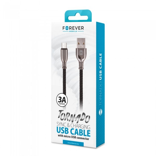 Кабел Forever Tornado USB към microUSB, 1.0 m, 3A, черен