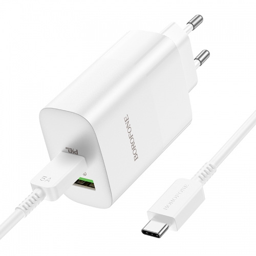 Зарядно BOROFONE Wall Charger BN10, Sunlight USB с Type C 3.0, PD, 65W с кабел, Type C към Type C, бял