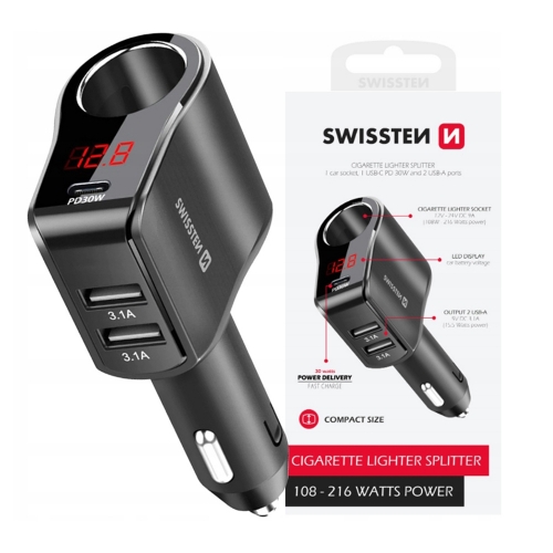 Зарядно за кола SWISSTEN 1xCL, 1xUSB-C PD, 2x USB-A Output power 108W - 216W, 12V-24V , Черен