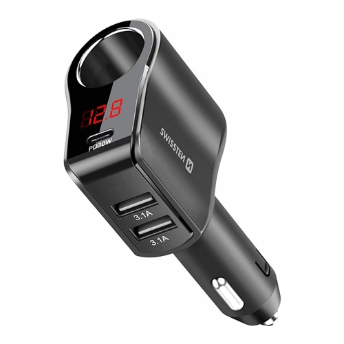 Зарядно за кола SWISSTEN 1xCL, 1xUSB-C PD, 2x USB-A Output power 108W - 216W, 12V-24V , Черен