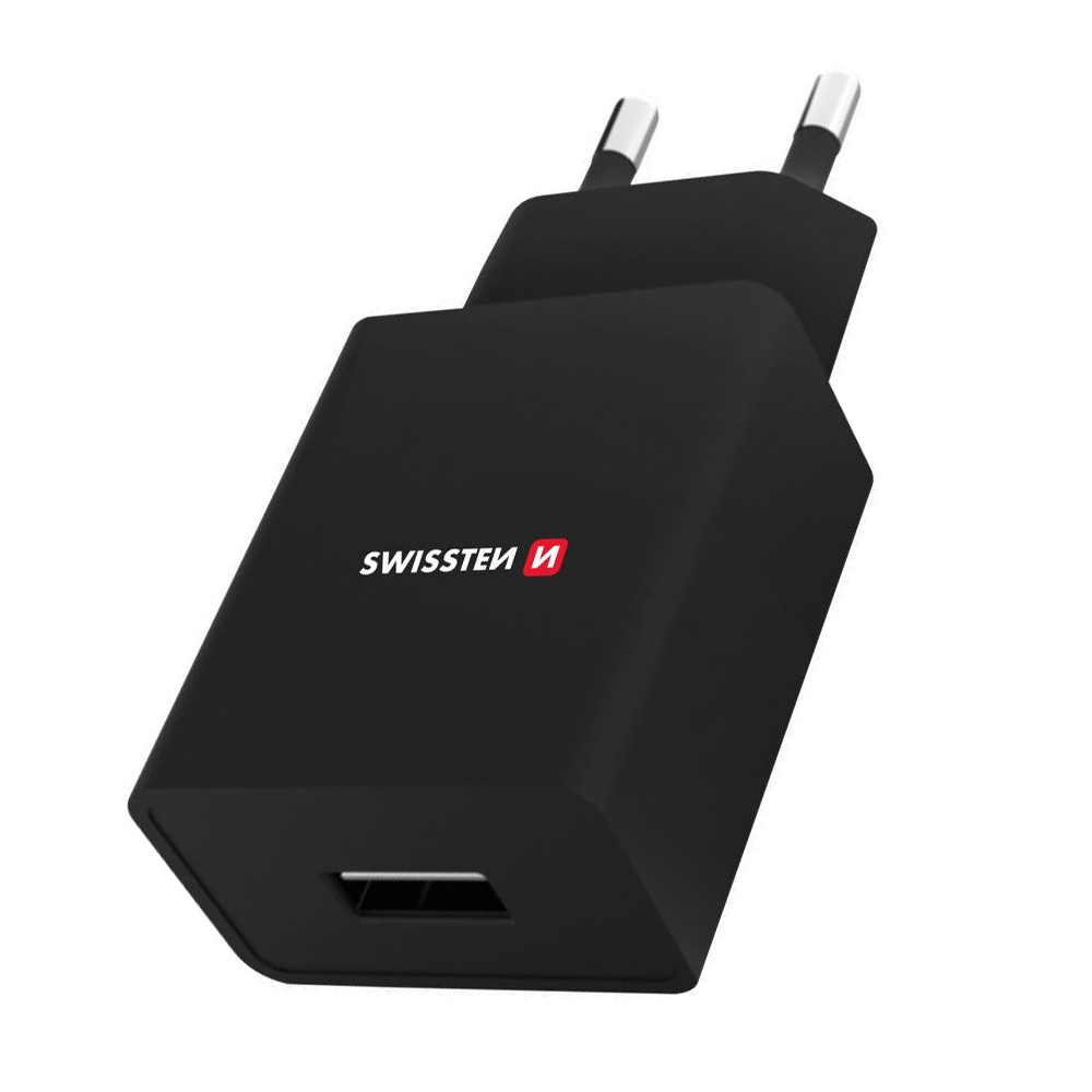 Зарядно Swissten SMART IC, 1x USB, 1A, с кабел Lightning, 1,2 м, Черен