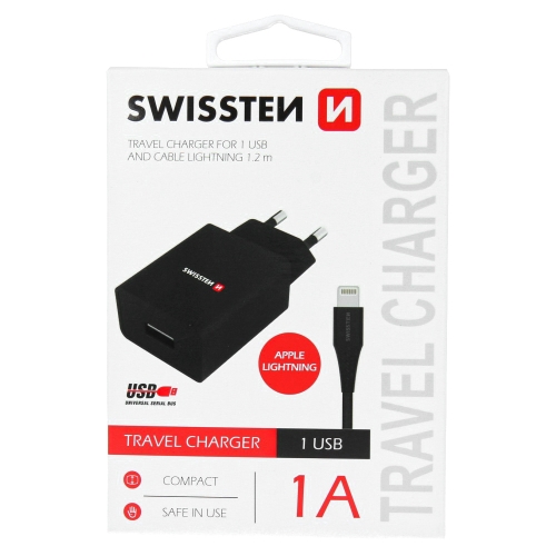 Зарядно Swissten SMART IC, 1x USB, 1A, с кабел Lightning, 1,2 м, Черен