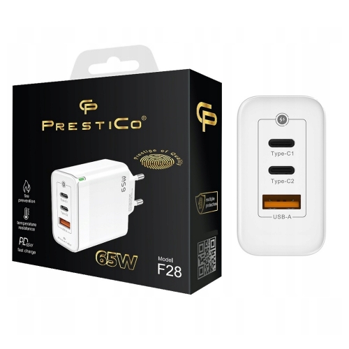 Зарядно 220V Prestico F28, 1xUSB-QC, 2xPD, 65W, бял