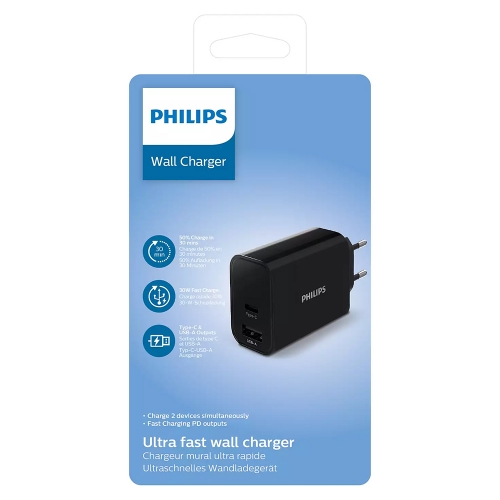 Мрежово Зарядно Philips DLP2621, 220v, 1xUSB-A, 1xType-C, 30W, PD, Черен