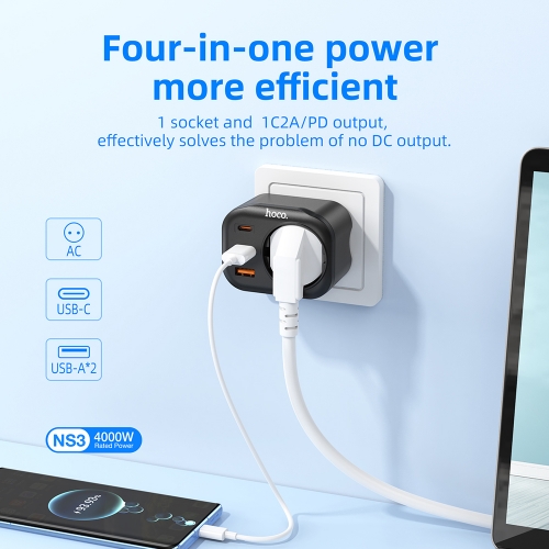 Мултифункционално зарядно HOCO NS3, Type C, PD20W + 2xUSB QC3.0 3A, контакт, Черен