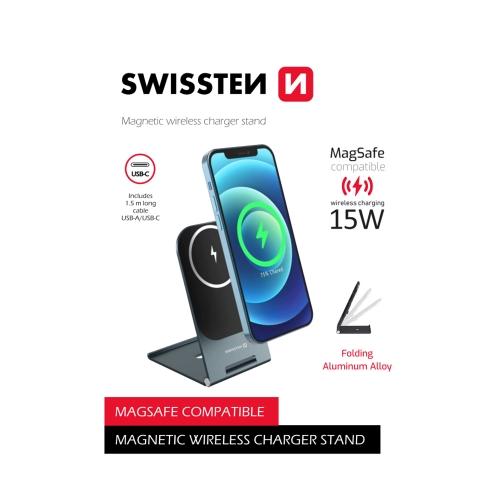 Безжично зарядно SWISSTEN Ultra Thin, съвместим с MagSafe аксесоари, черен