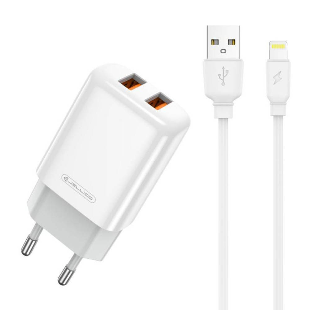 Зарядно 220V JELLICO EU02, 2.4A, 2xUSB, с кабел Lightning, Бял