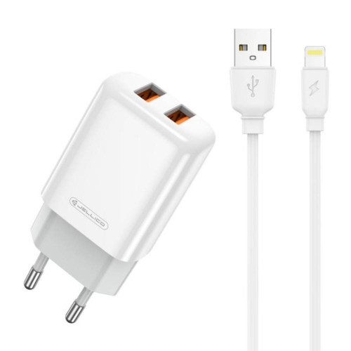 Зарядно 220V JELLICO EU02, 2.4A, 2xUSB, с кабел Lightning, Бял