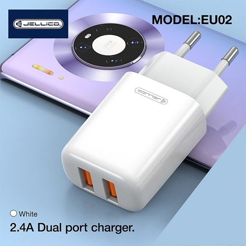 Зарядно 220V JELLICO EU02, 2.4A, 2xUSB, с кабел Lightning, Бял