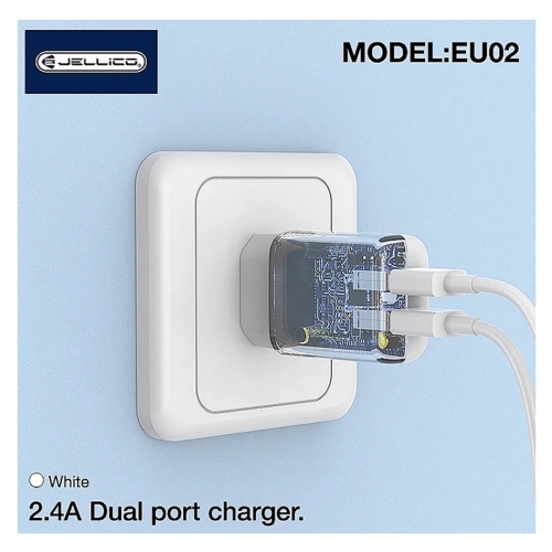 Зарядно 220V JELLICO EU02, 2.4A, 2xUSB, с кабел Lightning, Бял