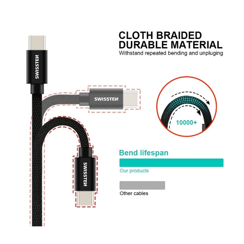 Кабел SWISSTEN, USB към USB-C, 0.2 M, Текстилна оплетка, Черен