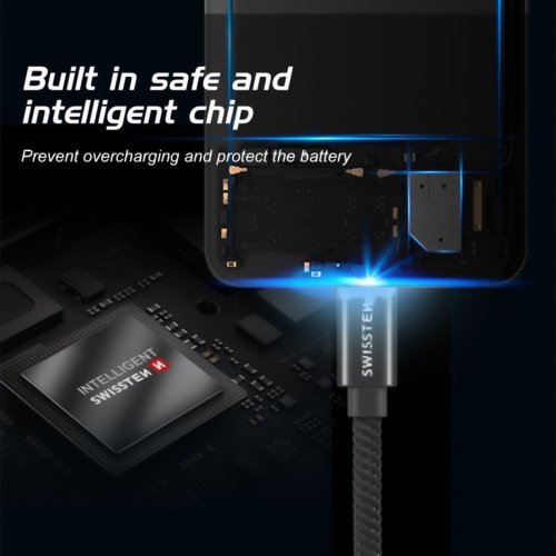Кабел SWISSTEN, USB към USB-C, 0.2 M, Текстилна оплетка, Черен