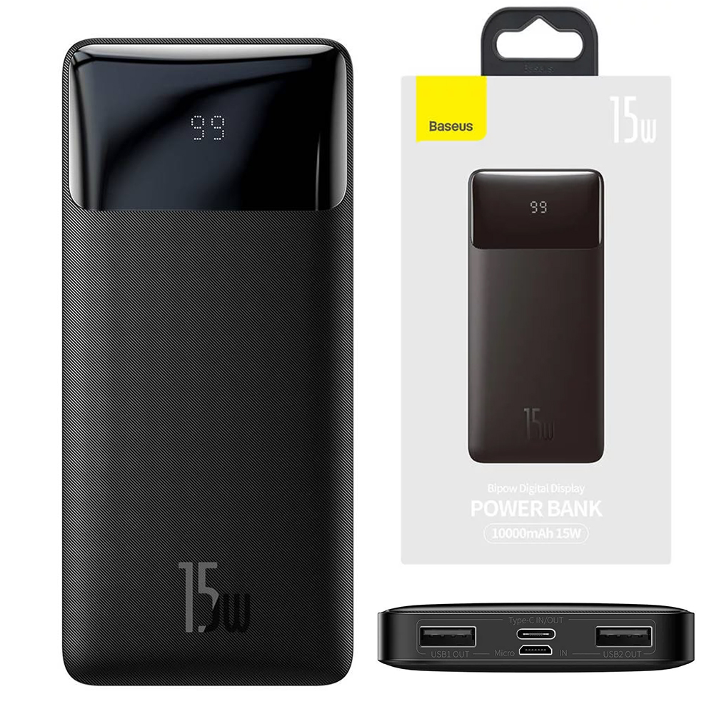 Универсална Външна Батерия Baseus Bipow, Digital Display, 10000mAh, 15W, Черен