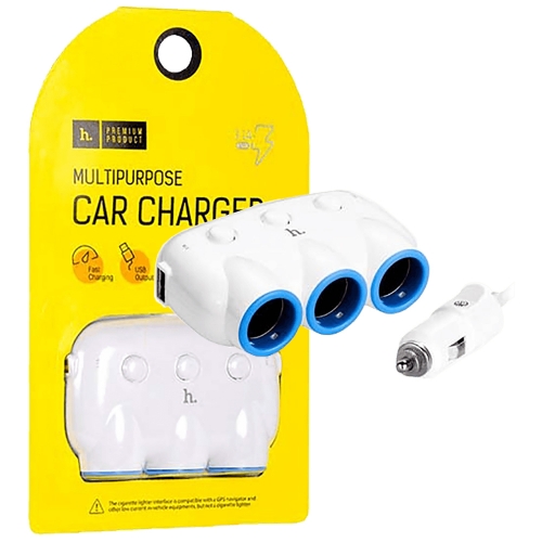 Зарядно за кола 12v HOCO, 3 x гнезда за запалка, 2xUSB порта, Бял