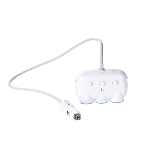 Зарядно за кола 12v HOCO, 3 x гнезда за запалка, 2xUSB порта, Бял