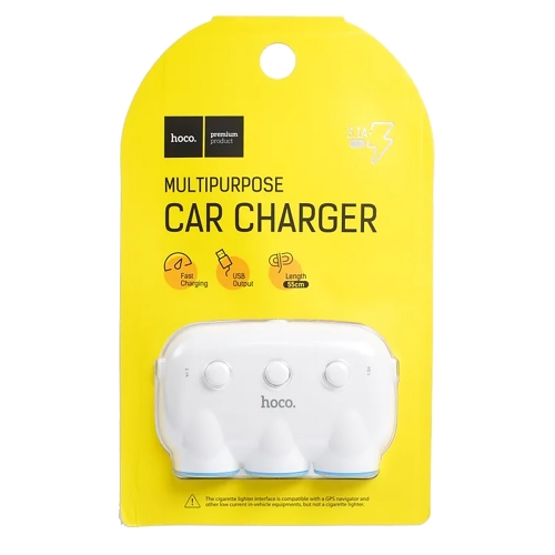 Зарядно за кола 12v HOCO, 3 x гнезда за запалка, 2xUSB порта, Бял