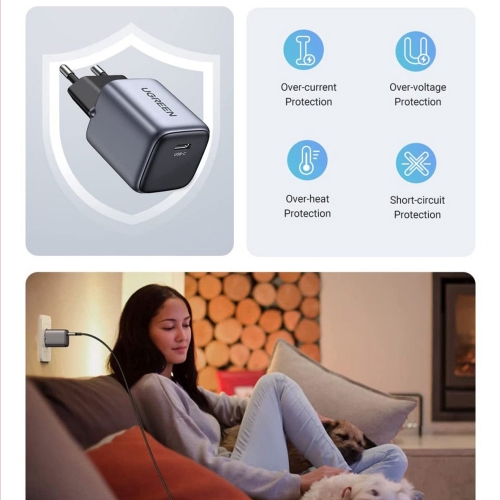 Зарядно UGREEN CD319, 220V, 1xUSB-C, GaN, 30W, PD, NEXOD, Черен
