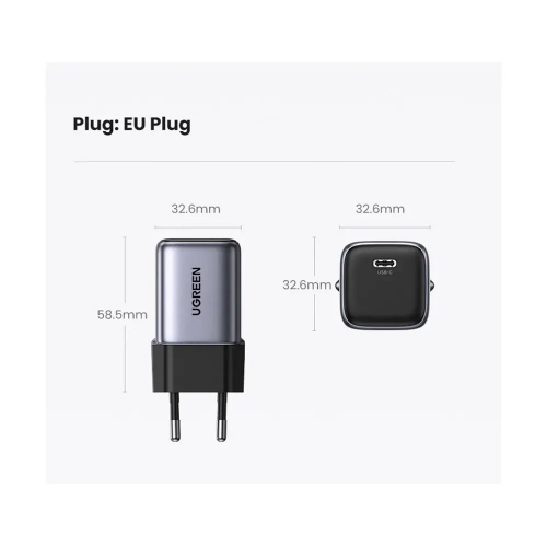 Зарядно UGREEN CD319, 220V, 1xUSB-C, GaN, 30W, PD, NEXOD, Черен