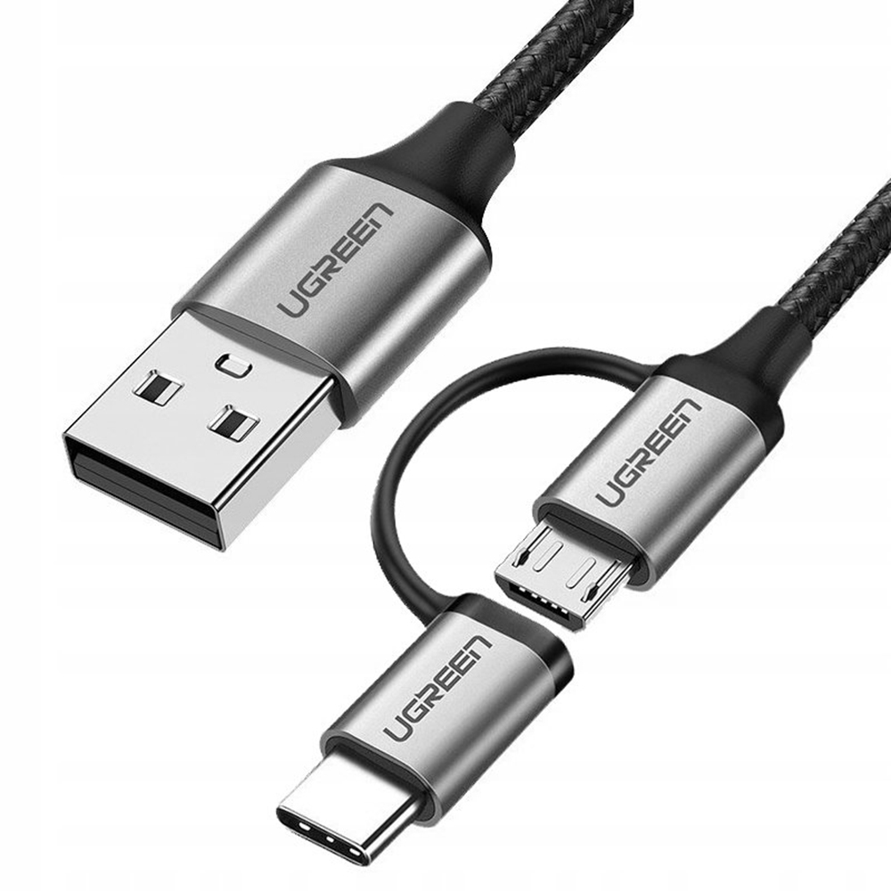 Кабел UGREEN US177, плетен, USB A към USB Micro и USB-C, 3A, 1m, Черен