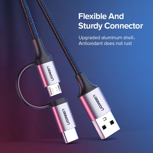 Кабел UGREEN US177, плетен, USB A към USB Micro и USB-C, 3A, 1m, Черен