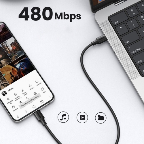 Кабел UGREEN US286, USB-C към USB-C, 3A, 60W, 1m, Черен